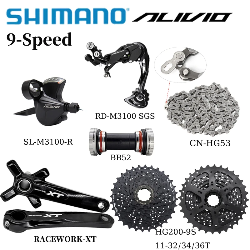 SHIMANO ALIVIO 9-Speed M3100 Bicycle Transmission Kit CN-HG53 Ultra Narrow Chain-BB52 HG200-11/32/34/36T Flywheel MTB Bike Parts