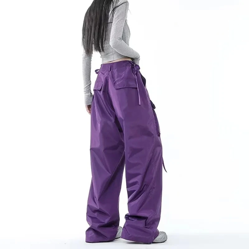 Hip Hop Streamer Purple Y2k Baggy Cargo Pants Women High Streetwear Vintage Trousers High-Waist Pockets Bunched Leg StreetPants