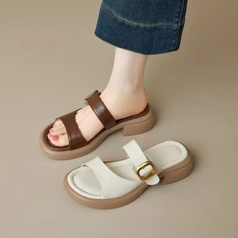 2026 Summer New Women Block Heel Peep Toe slippers Thick Sole Non Slip Hollow Low Heel Outdoor Casual Slippers Sandals