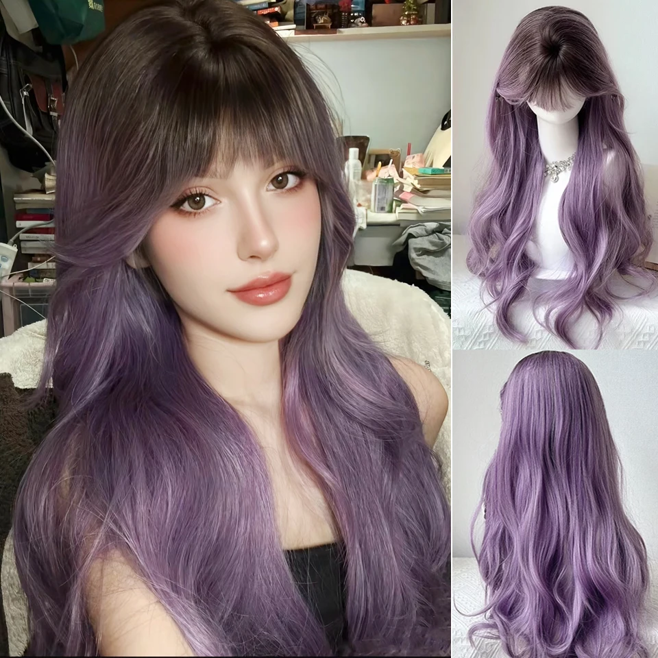 Long Body Wave Dark Root Ombre Purple Cosplay Wigs Heat Resistant Synthetic Wigs With Bangs Natural Lolita Wigs For Women