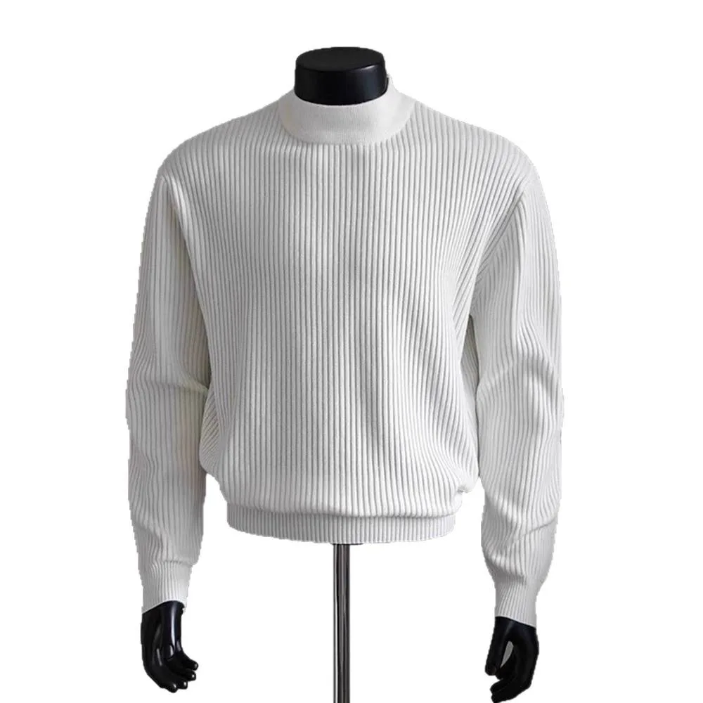 رجل قاعدة طبقة 2026 الربيع الرجال نظيفة صالح نصف عالية طوق سترة بيضاء مضلع شريط عادي الكتف كسول تريكو البلوز