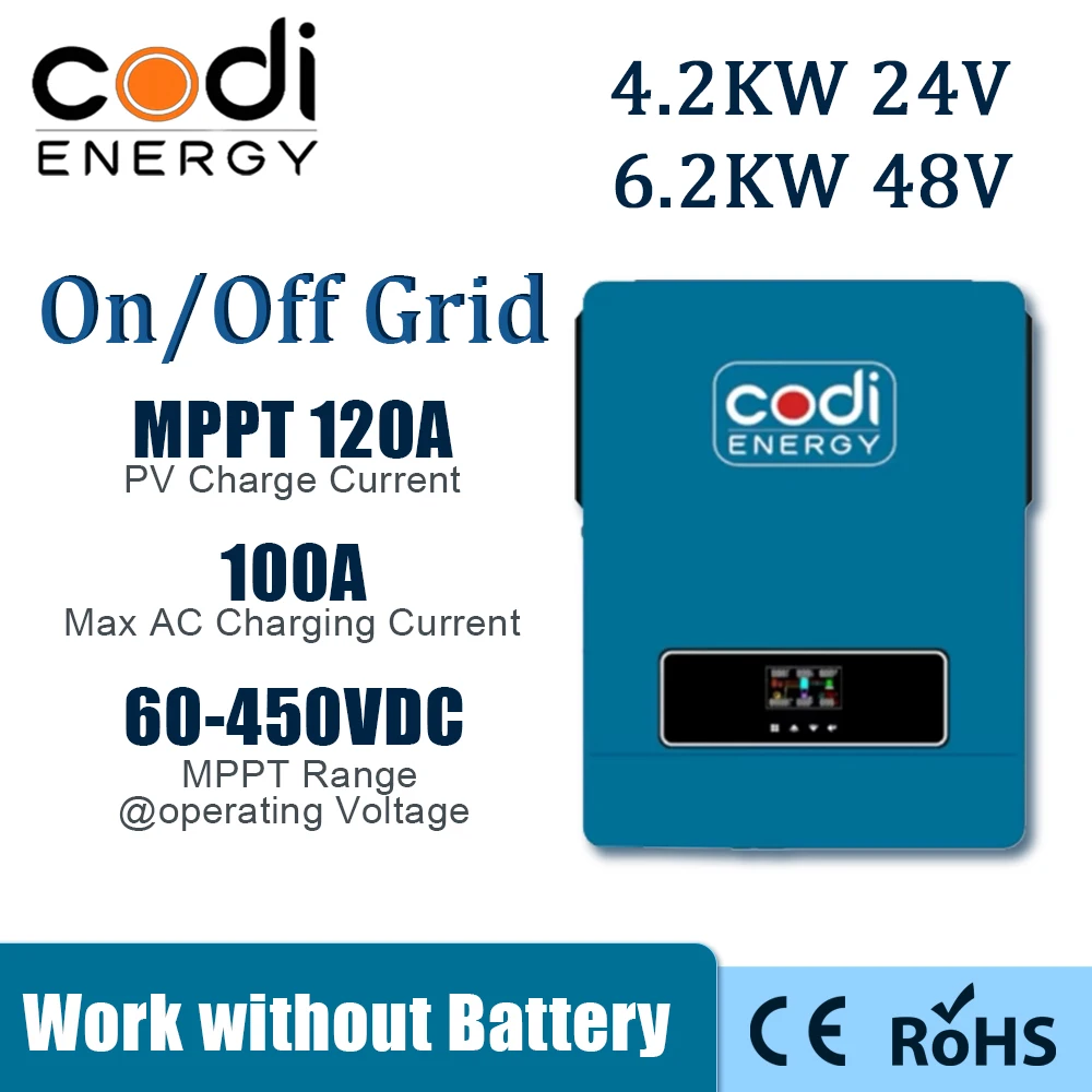 4200VA 6200VA Hybrid Inverter Solar 24V 48V 220V On Off Grid Pure Sine Wave Dual Output with MPPT 120A Solar Charger Controller