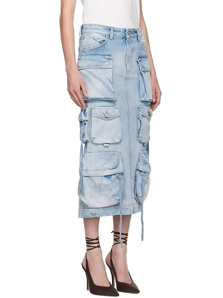 DEAT Fashion Women's Denim Multiple Large Pockets High Waist Straight Distress Ribbon Slit Skirt Spring 2024 New Tide 7AB3216