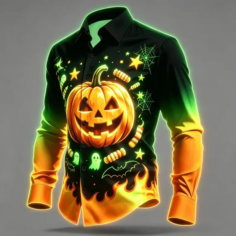 Men's Black Gold Pumpkin Candy Flame Halloween Print Long Sleeve Shirt Lapel Button Tops For Holiday Party Cosplay Wear