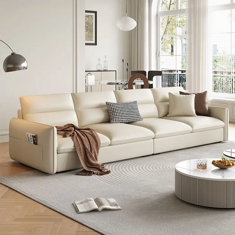 

Leather sofa living room French cream style small apartment simple new modern style