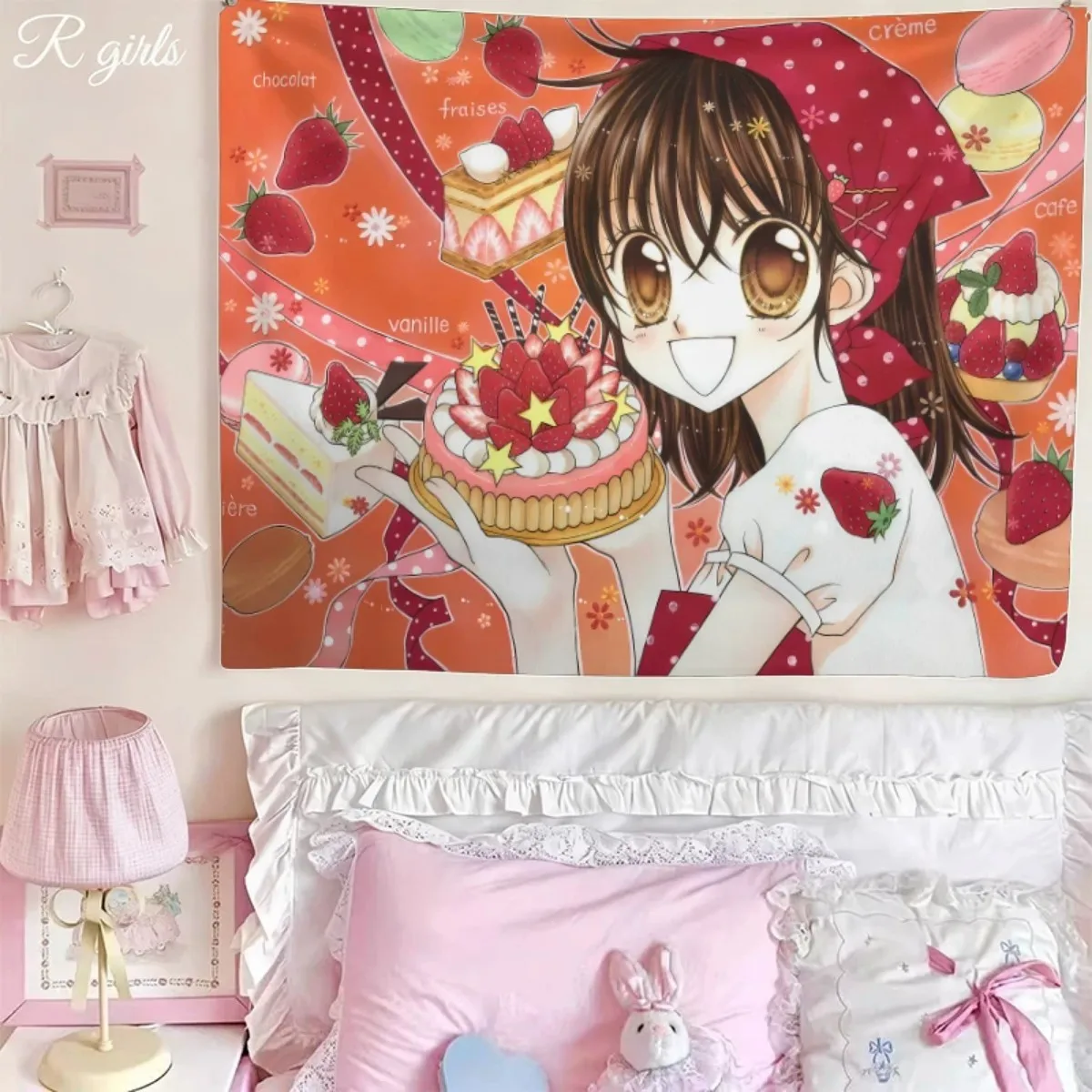 Vintage Japanese Anime Girl Tapestry, Strawberry Cake Macaron Dessert Orange Background Wall Hanging, Pastel Decor for Girl Dorm
