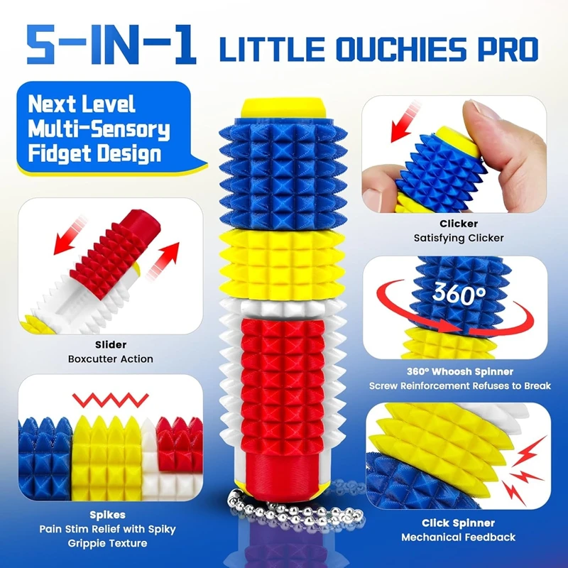 5-in-1 Spiked Roller Toy 3d Printed Spiky Pain Stim Keychain Pocket Mini Sensory Fidget Toy For Anxiety Stress Relief