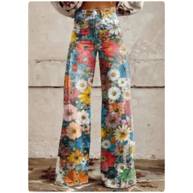 กางเกงแฟชั่นพิมพ์ลาย 3 มิติ สไตล์เรโทร ปี 2025 เอวสูง ทรงหลวม ขากว้าง สำหรับผู้หญิง สไตล์ฮาราจูกุ เหมาะสำหรับฤดูใบไม้ผลิและฤดูร้อน