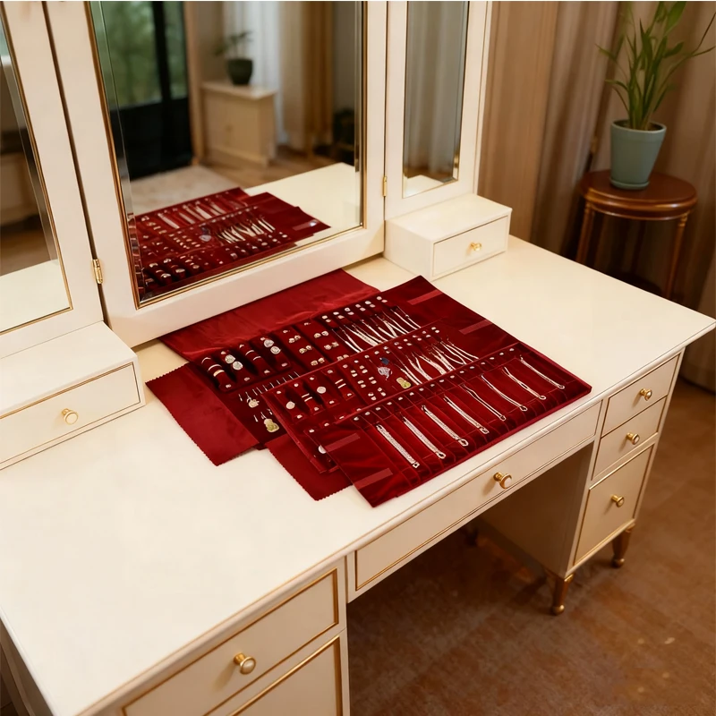 

Burgundy Velvet Jewelry Roll Bag,Portable Foldable for Necklace Bracelet Earrings Ring,Travel Exhibitions Organizer Storage