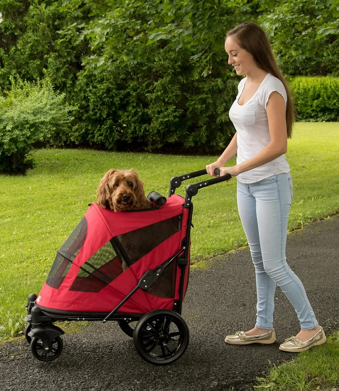 

No-Zip Pet Stroller with Dual Entry, Push Button, Easy Walk-In for Dogs/Cats, Gel Tires