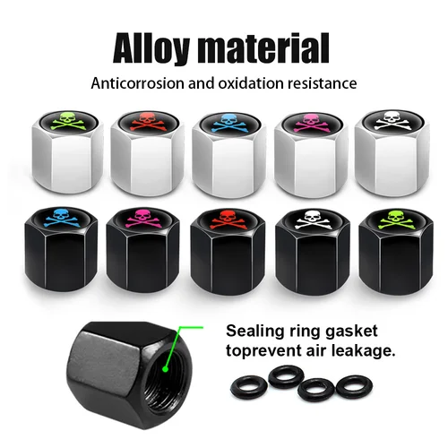 Imagen 2 del producto 4 tapas de vástago de válvula de neumático de calavera con anillo de goma O, cubiertas de vástago universales para coches, SUV, bicicletas, camiones, motocicletas