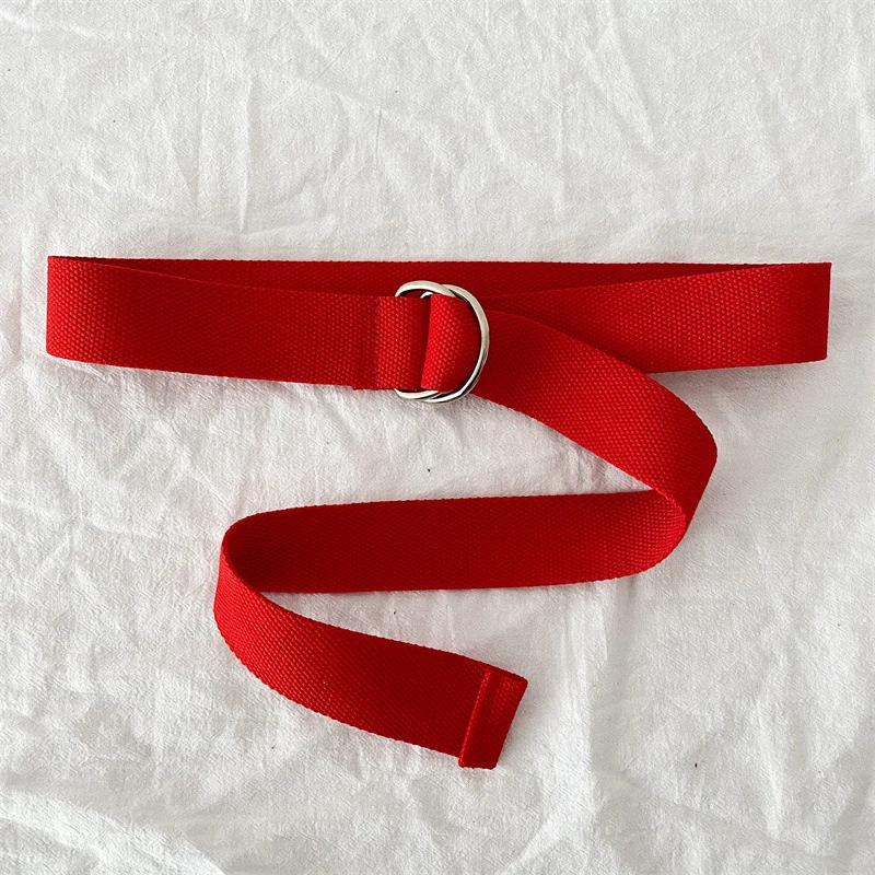 Fashion Canvas Belt Solid Color Trend Alloy Double Ring Buckle Belt Outdoor Casual Men & Women Jeans Decoration Belt