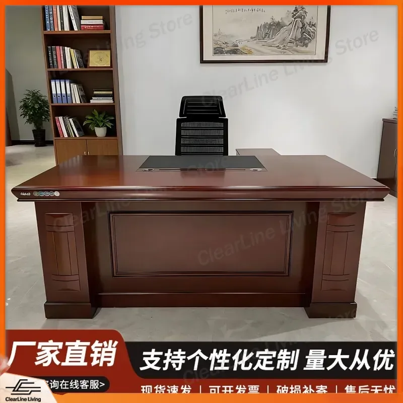 for Boss Desk Painted Chinese Manager President Office Furniture Solid Wood Leather Executive Desk and Chair Set