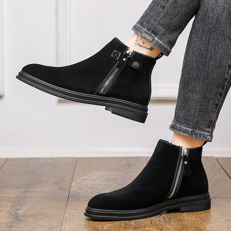 

Мужские ботинки челси, замшевые однотонные удобные модные классические мужские ботильоны с круглым носком на низком каблуке