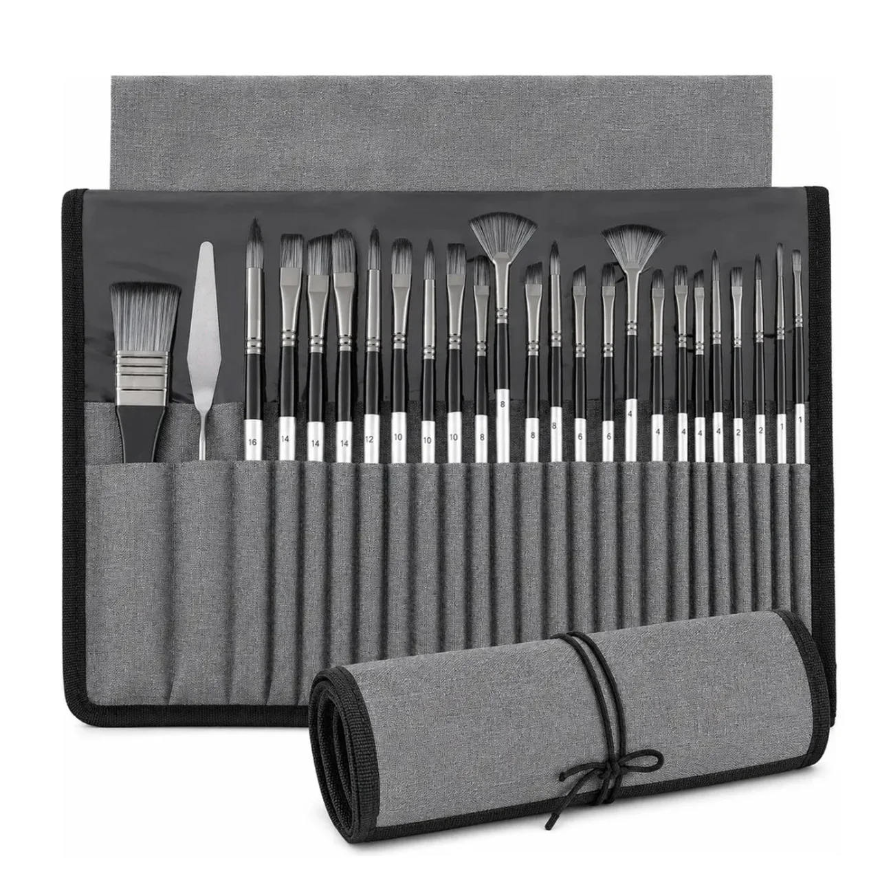 24 Pack Paint Brush Set with Organizer Roll & Palette Knife, Multiple Brush Shapes for Acrylic, Watercolor, Oil Art Painting Kit