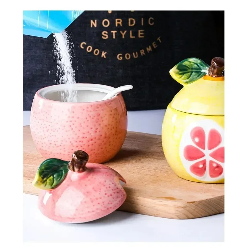 Creative Ceramic Seasoning Jar Bottle Kitchen Decoration Racks Fruit Melon Shape Spices Storage Tank Sugar Bowl with Lid &Spoon