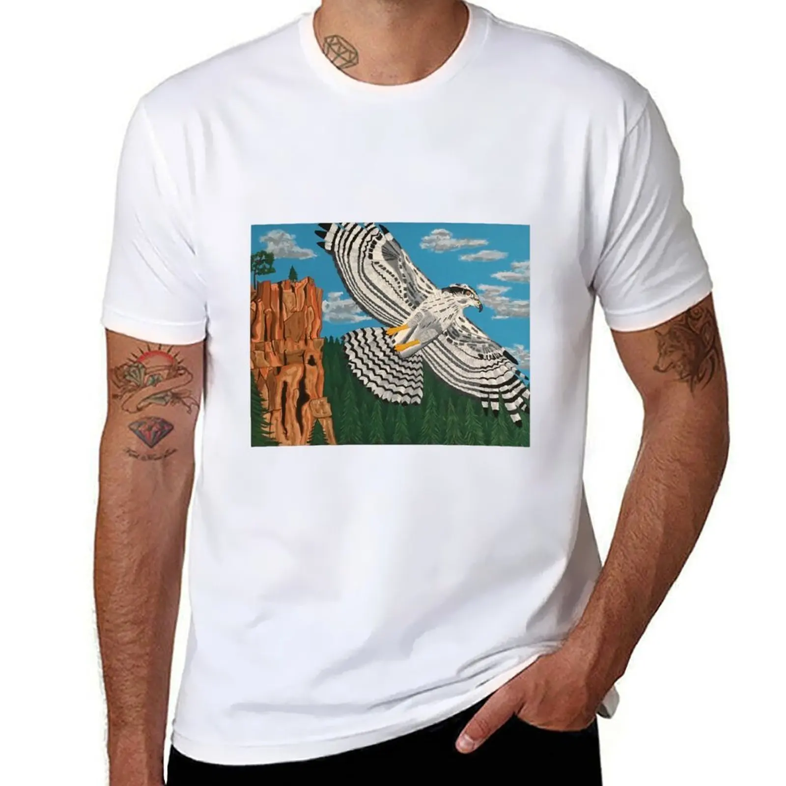 

Northern Goshawk soaring over Battleship Rock T-Shirt t shirts for man cotton soft t shirt custom print T-Shirt