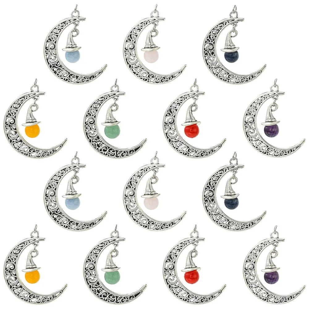 14pcs Antique Silver Crescent Moon Witch Hat Mixed Gemstone Pendant Charms for DIY Jewelry Making Witchcraft Necklace Bracelet