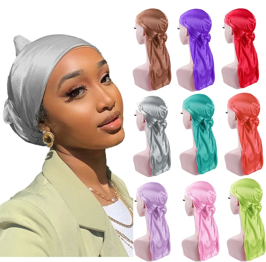 2024 New Satin Durag Turban Hat Wigs Durag Biker Headwrap Pirate Hat Cap For Men Hair Accessories Long Tail Straps Bandanas