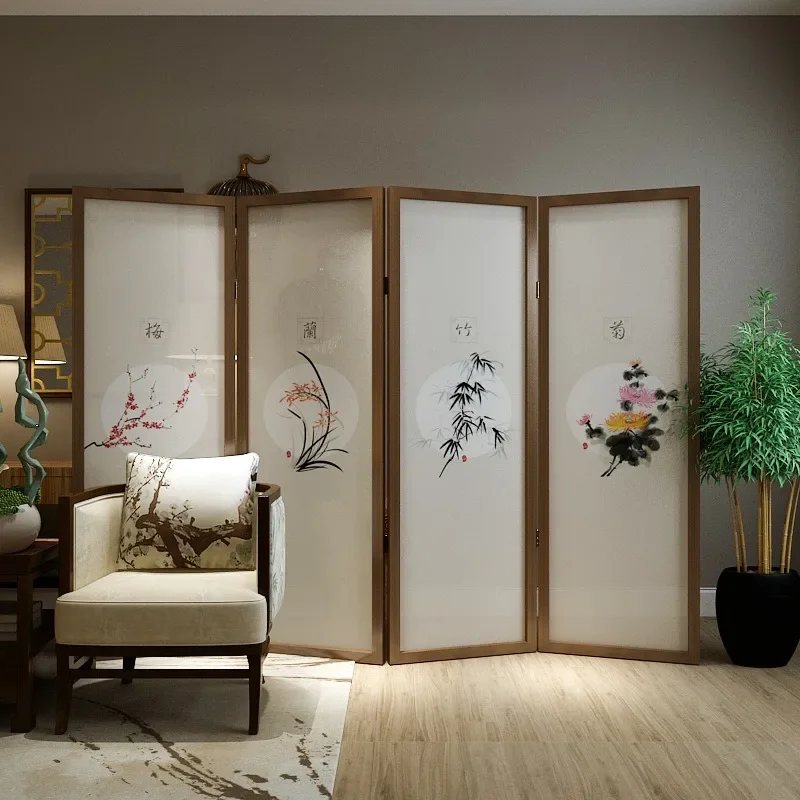 Chinese screen partition living room hotel bedroom solid wood semi-transparent fabric folding mobile meilan bamboo chrysanthemum