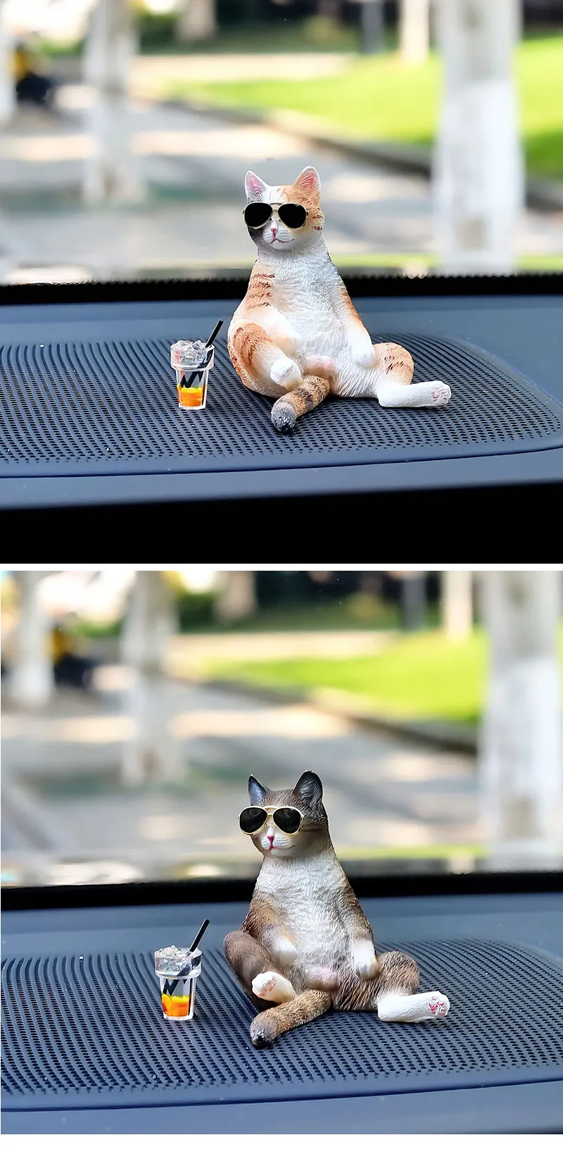 Harz-Figur: Fauler Katzen-Auto-Dekor für das Armaturenbrett – Coole Katzenfigur mit Getränk, niedliches Auto-Ornament für Katzenliebhaber & Fahranfänger, Auto-Innendekoration – Detail 4