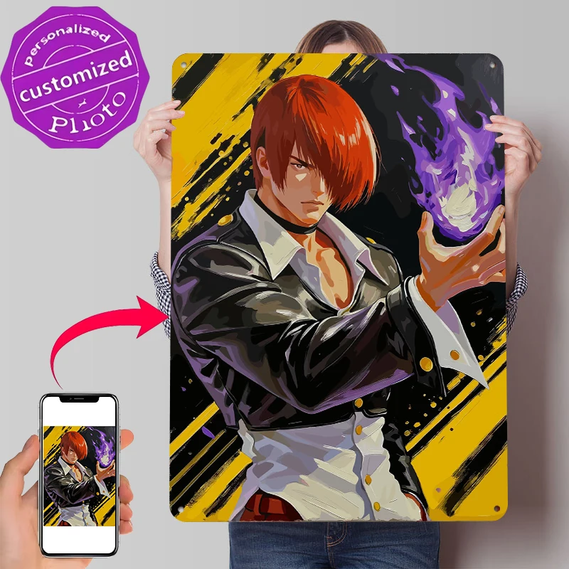 Iori Yagami Potrait Poster Customized Vintage Metal Signs Wall Art Retro Tin Plaque for Bathroom Decor Room Bedroom Decorations