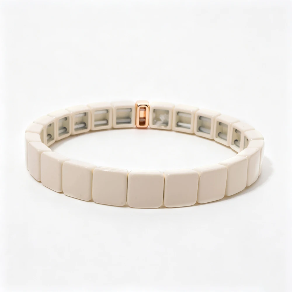 BEUTIFOR 3pcs Off White Color Enamel Bracelets For Women Tube Beads Shaped Elastic Bangle Wrap Sets Accessory