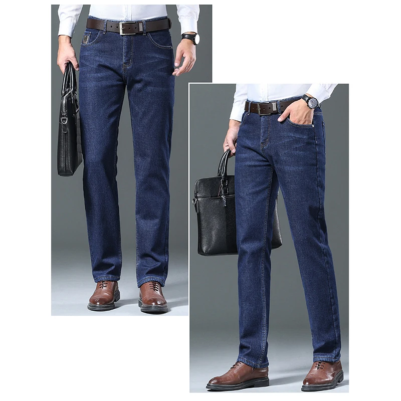 Winter Fleece Warm Jeans Fashion Business Pants Retro Classic Denim Trousers Autumn Casual Stretch Slim Jeans for Men Dad Gift