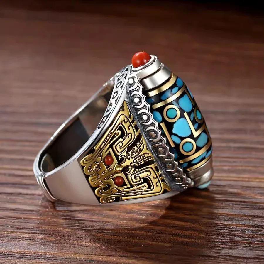 Rotating Nine-Eyed Heavenly Bead with Six-Syllable Mantra Spinning Ring Men's National Trend Handcrafted Vintage Bold Ring Jewel