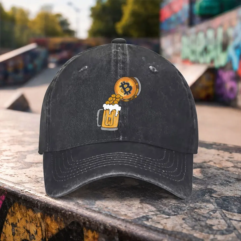 1pc Casual Fashion Bitcoin Beer Mug Print Washed Baseball Cap, Premium Versatile Outdoor Accessory, Unisex Duckbill Cap, Suitabl