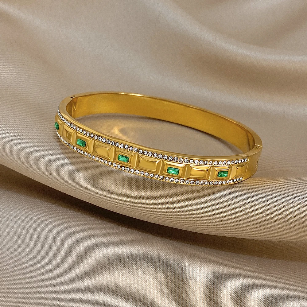 DODOHAO ريترو الأخضر الزركون أساور استانليس ستيل النساء الحد الأدنى الجولة المفتوحة الإسورة سوار مقاوم للماء مجوهرات الزفاف 2026 #3