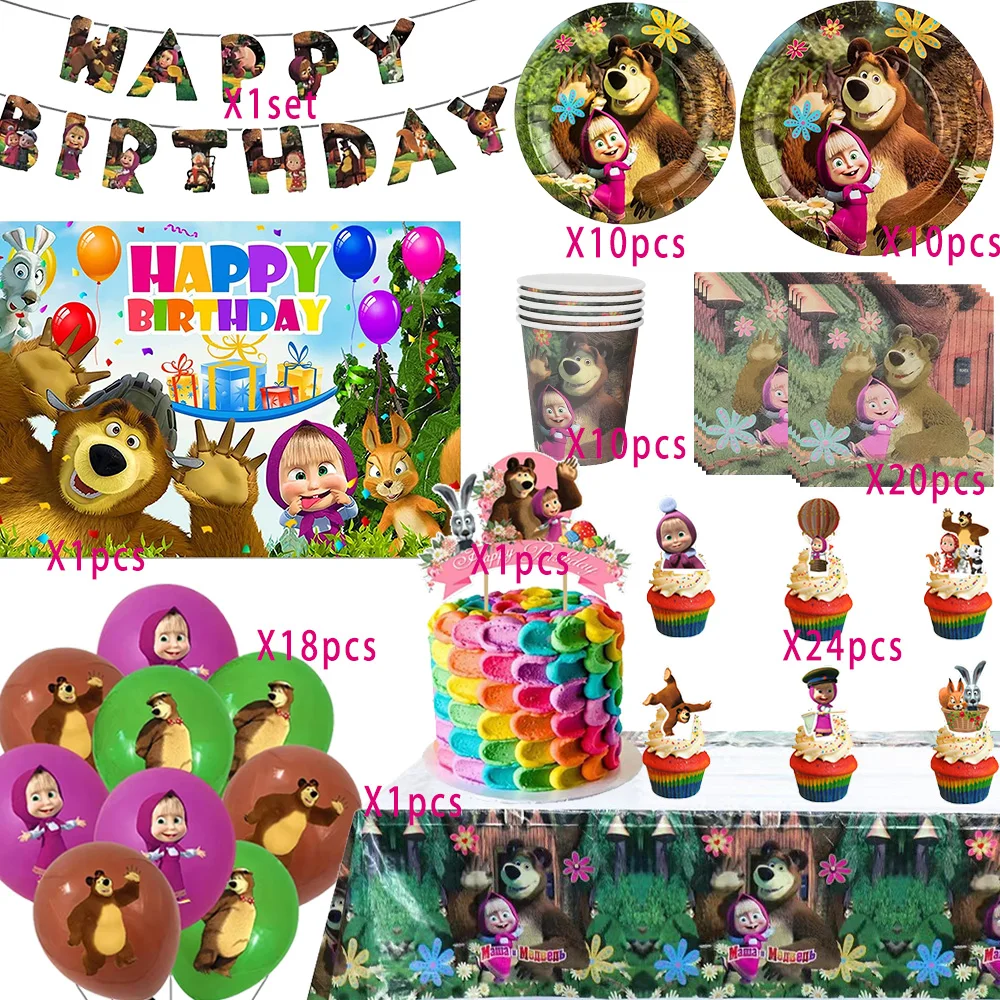 Mascha und der Bär Geburtstagsparty Banner Luftballons Teller Becher Servietten Tischdecke Mädchen Cartoon Partyzubehör Dekoration Babyparty – Detail 22