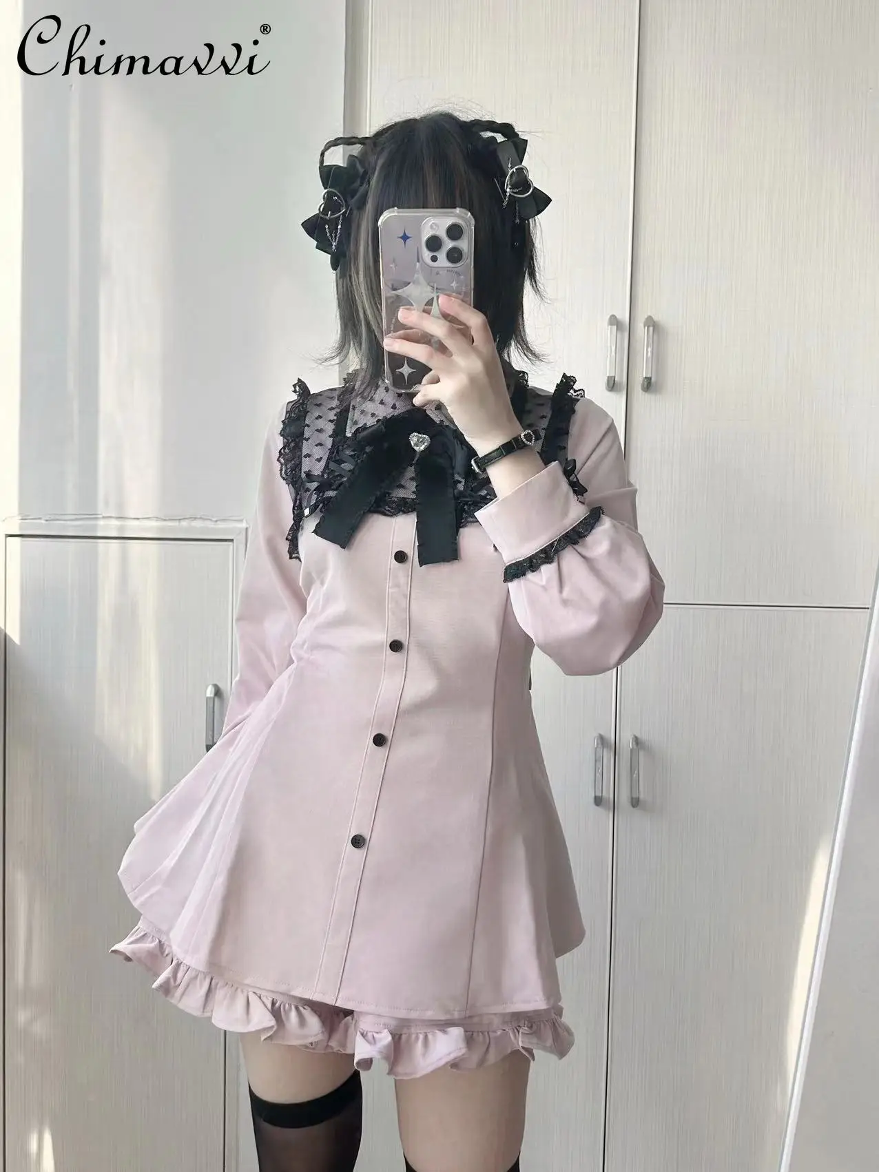 

Mine Series Mass-Produced Heart-Shaped Lace Tied Long Sleeves Dress Sets Japanese Girl Long Sleeve Shirt Shorts Lolita Outfits