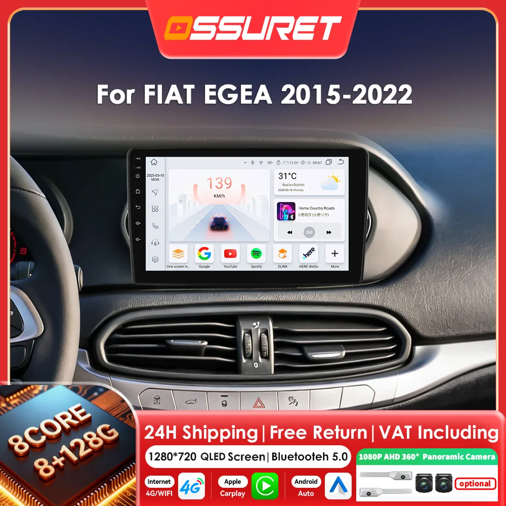 Autoradio 2din Carplay Android 14 per FIAT EGEA 2016-2020, Lettore Multimediale GPS Stereo Audio con Telecamera 360 e Schermo Intelligente