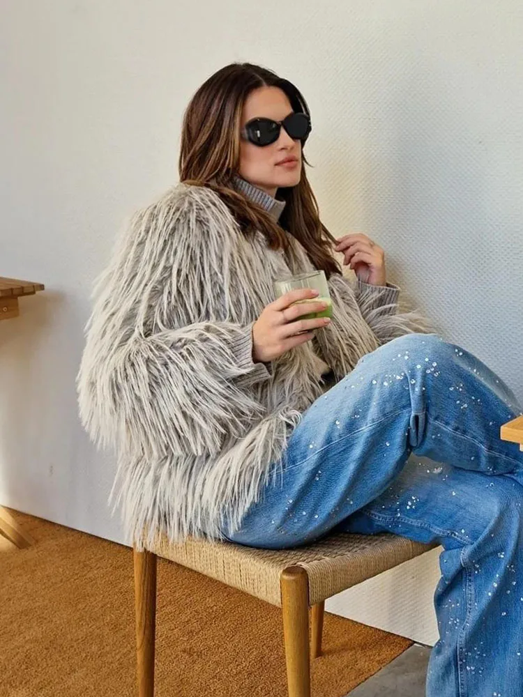 HH نساء موضة الصلبة س الرقبة طويلة الأكمام الطبيعية تقليد معطف الفرو الشتاء الإناث الدافئة عادية فضفاض أبلى جيوب سترة