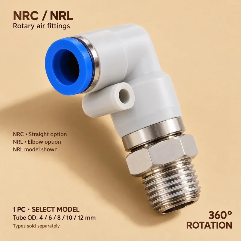 NRC NRL Rotary Pneumatic Fitting Straight Elbow Push In Male Thread Air Tube Connector 4 6 8 10 12mm 360 Degree Rotation 1 Piece