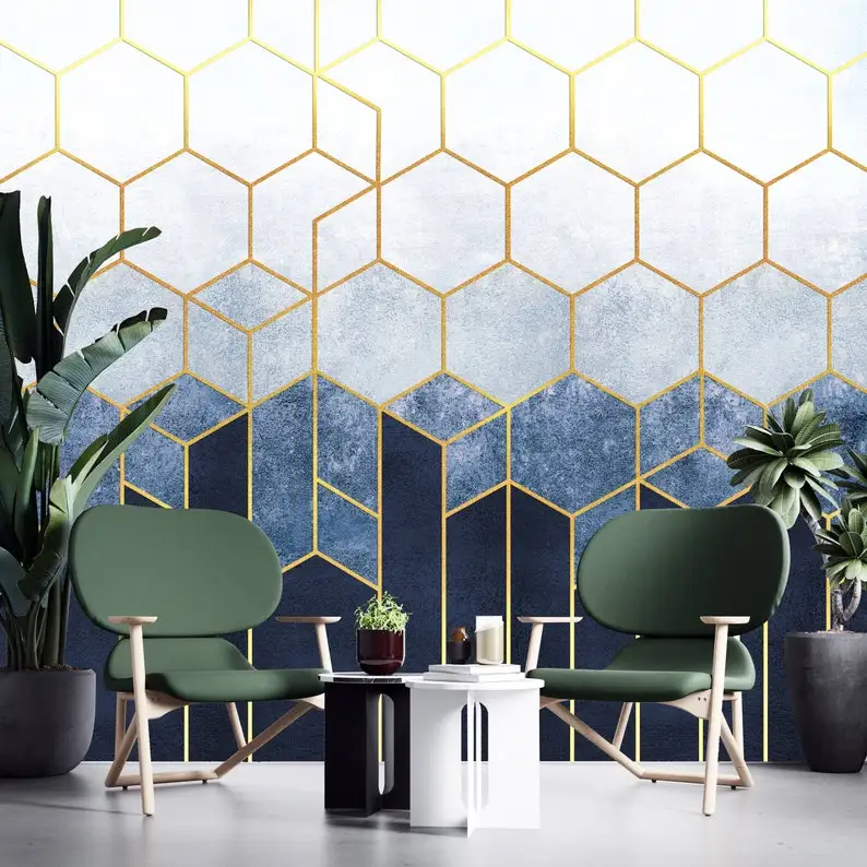 Abstract Hexagon Geometric Removable Wallpaper Gold Geometric Pattern Peel and Stick Wall Mural Minimalistic Scandinavian Design