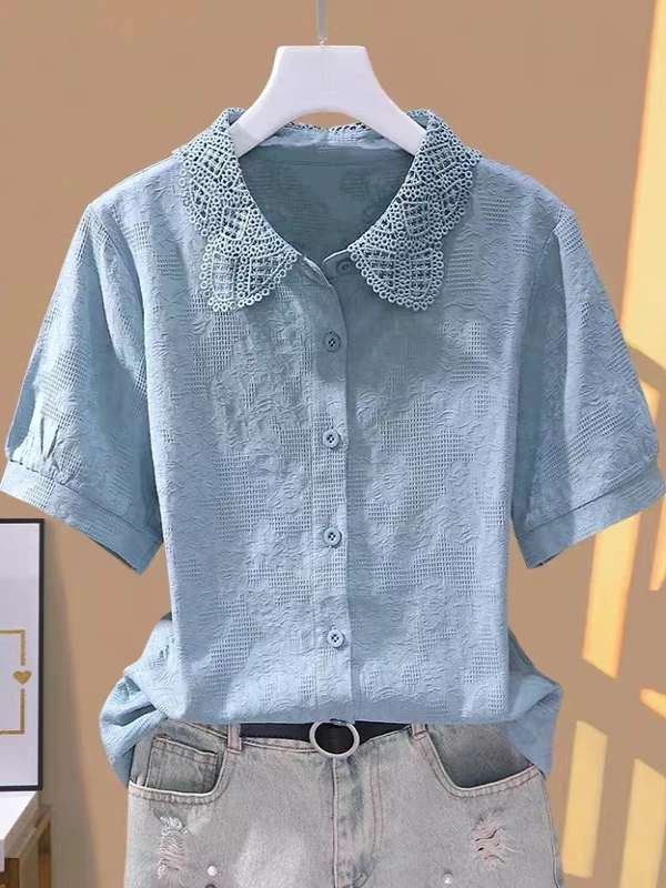 

Faionable Pure Cotton Ne Embroidered irt ort Sve Simple Elegance Women's Top Trendy Korean Sle Summer New A...