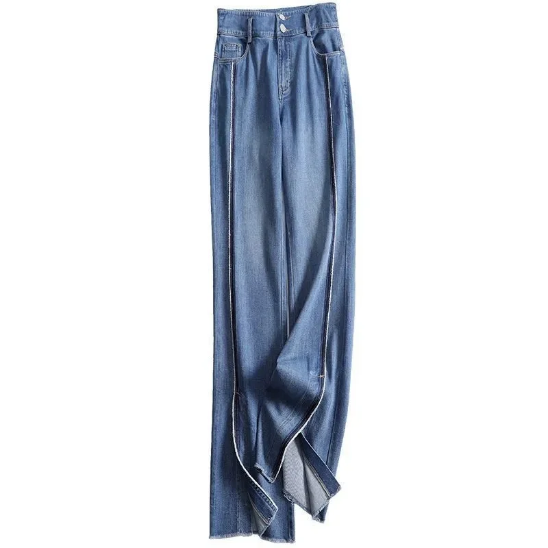 Spring Soft Silk Jeans High Waist Wide Leg Pants Slim Straight Leg Pants For Women Split micro-la jeans with thin Trouser Lady