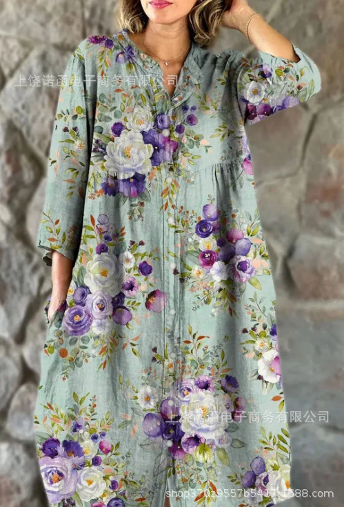 Abito con stampa retrò da donna bohemien allentato monopetto da donna abiti casual tascabili primavera estate abiti floreali a maniche lunghe