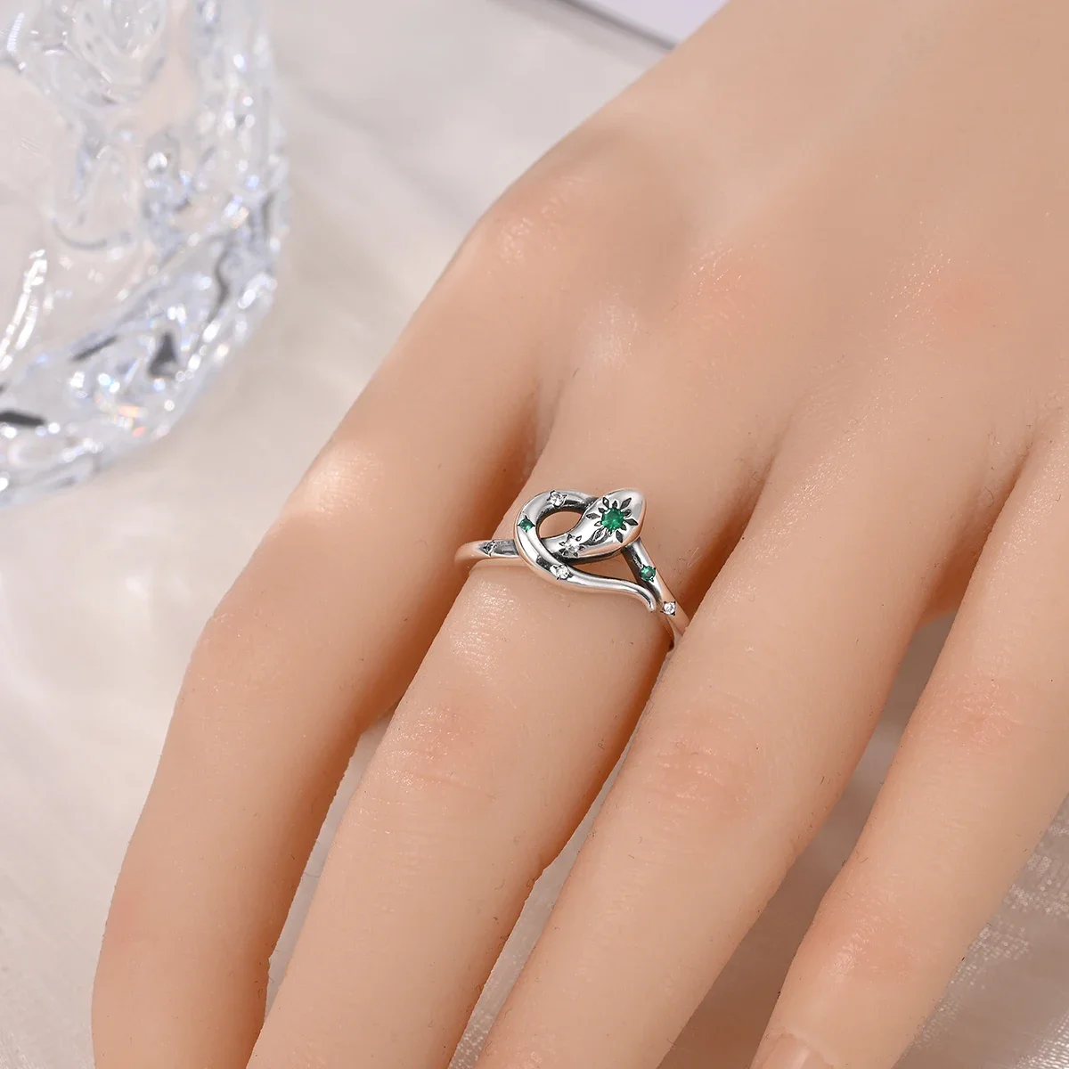 925 Sterling Silver Year of The Snake Medusa Spirit Snake Green Zircon Original Open Ring for Women's High-end Fine Jewelry Gift