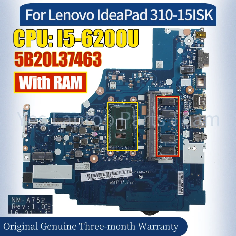 

NM-A752 For Lenovo IdeaPad 310-15ISK Mainboard 5B20L37463 SR2EY I5-6200U With RAM 100％ Tested Notebook Motherboard