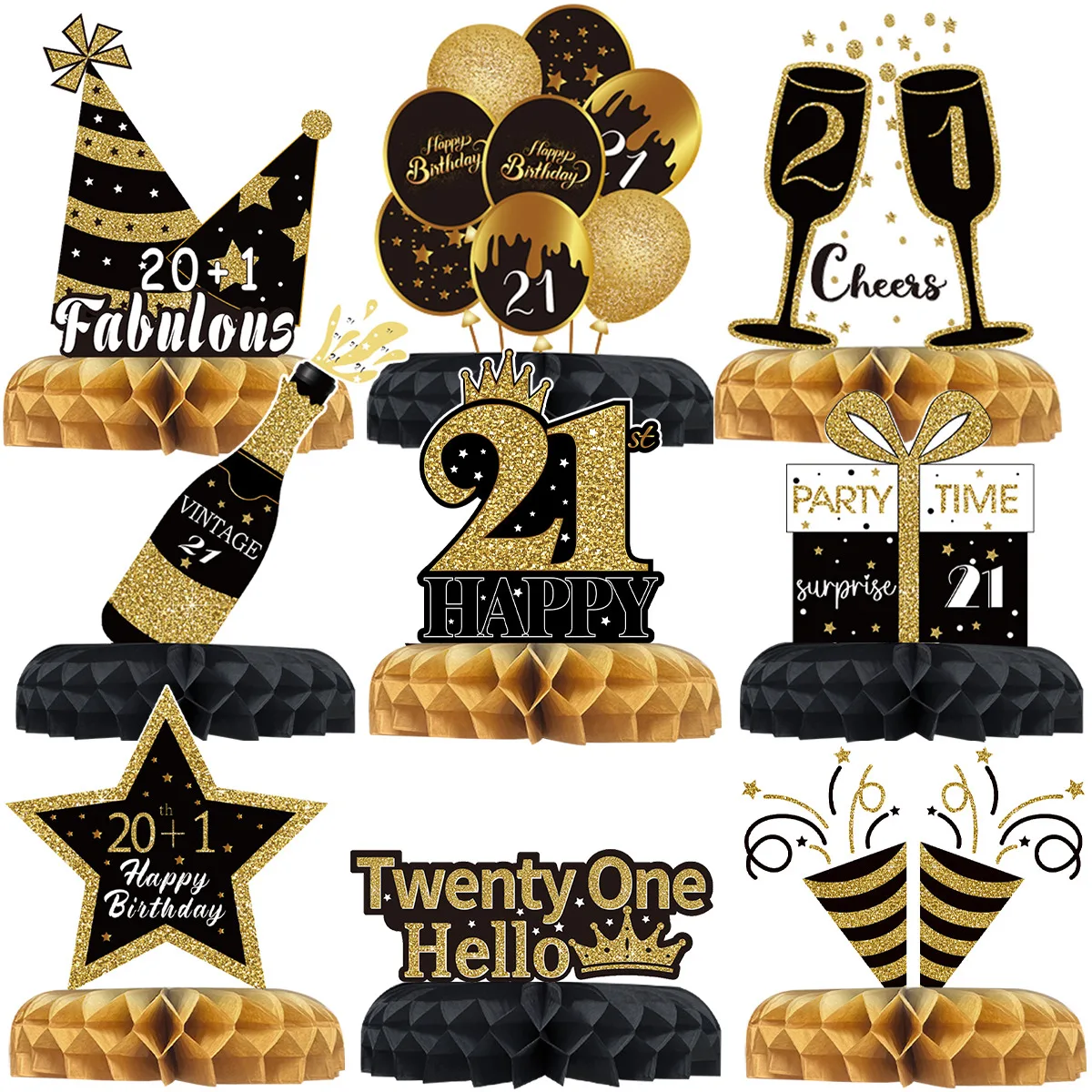 Black Gold Birthday paper Honeycomb 21 Years Old Birthday Party Decor Adult Woman Man Happy 21st Birthday Party Table Supplies