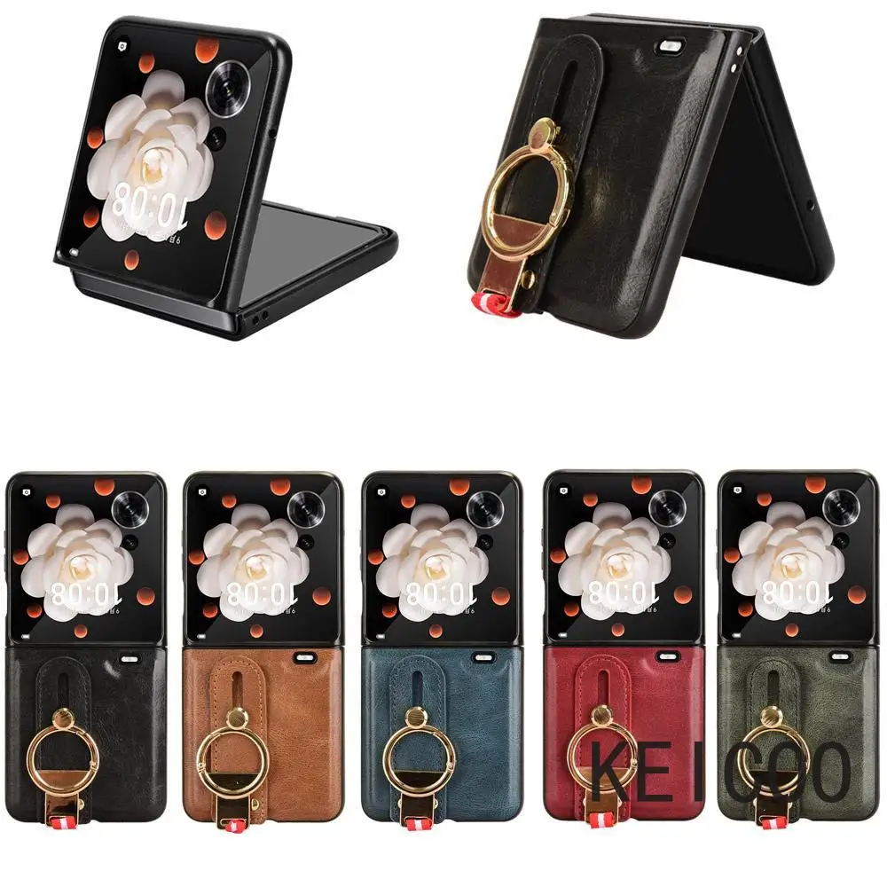 Popular Ring Buckle Stand Holder Leather Case for Huawei Nova Flip Honor Magic V Flip Retro Solid Color Wristband Phone Shell