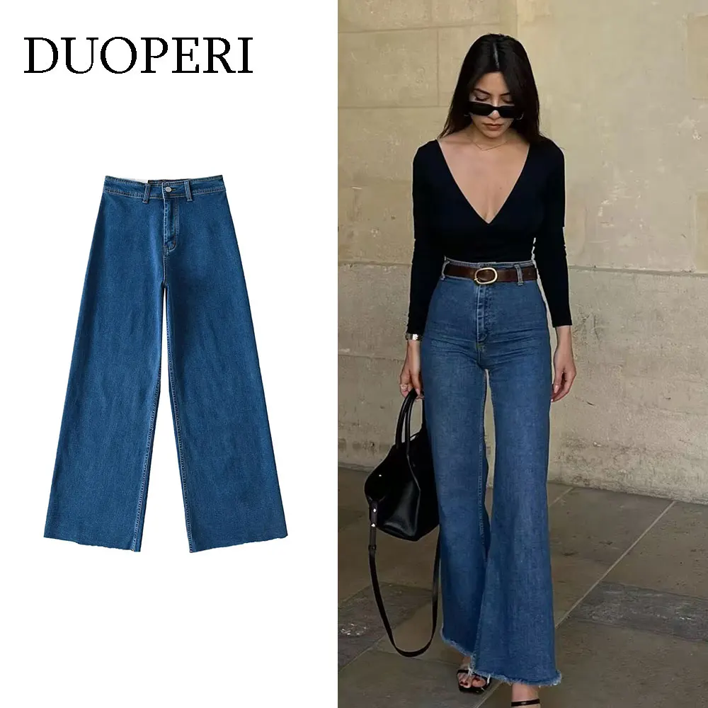 

DUOPERI женские модные джинсовые синие прямые брюки с высокой талией полная длина женские шикарные женские повседневные брюки джинсы