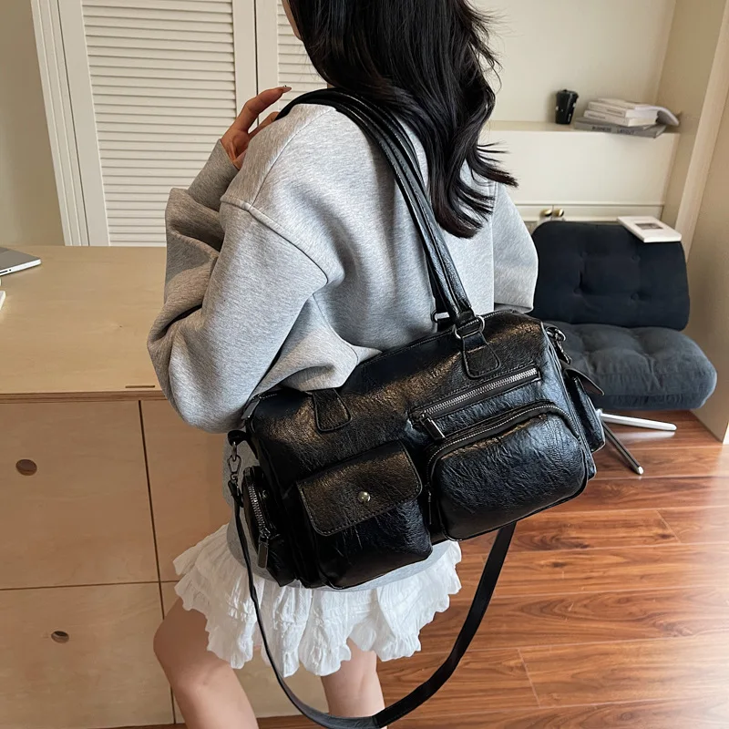 

Сумка из мягкой кожи большой вместимости премиум-класса в стиле ретро, модная и универсальная сумка через плечо с несколькими карманами для женщин