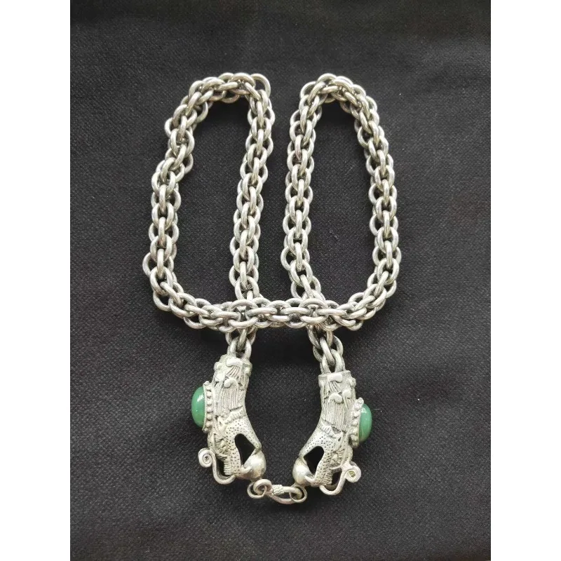 سوار كلاسيكي مصنوع يدويًا من قلادة رأس التنين الفضية التبتية المرصعة بالأيشم والأحجار، هدية عطلة للأصدقاء #3