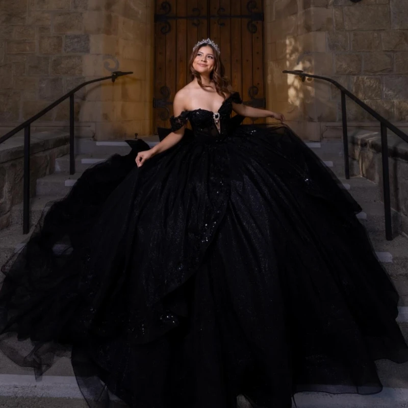 

Black Shiny Ball Gown Quinceanera Dresses Applique Lace Beading Crystal Bow Tull Corset Off Shoulder Sweet 16 Dress Vestidos 15