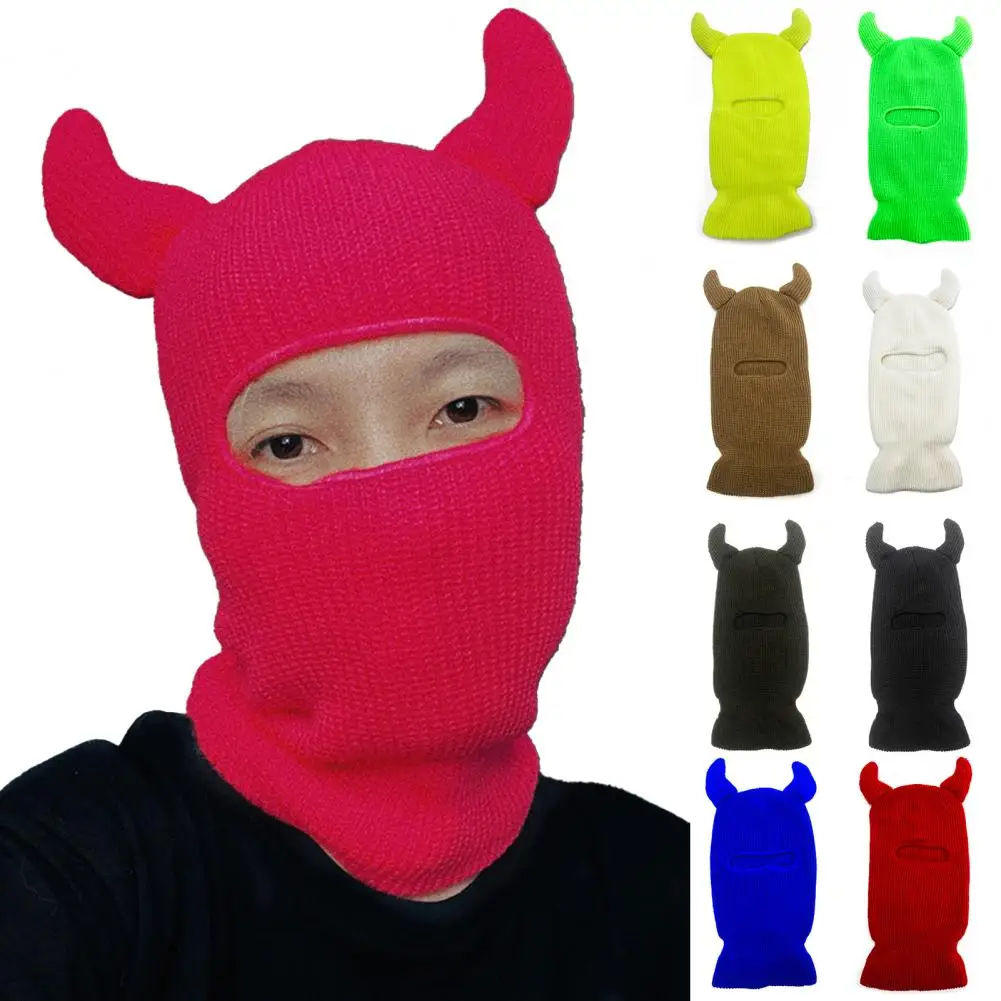 Autumn Winter Warm Headgear Funny Horns Decor Creative Knitted Beanie Hat Unisex Windproof Balaclava Hat Streetwear