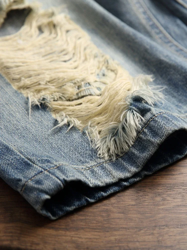 سراويل جينز ممزقة عتيقة للرجال ، ملابس شارع ، هيب هوب ، موضة شارع عالية ، جينز قصير غير رسمي ، مطاط للذكور ، مستقيم #4